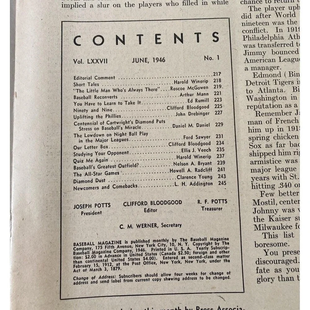 Vintage sports Baseball Magazine June 1946 Crash Davis Joe Dimaggio Tom Henrich